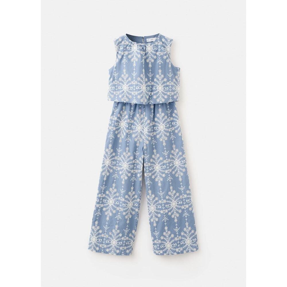 Mango Girls' Light Blue Sleeveless Jumpsuit with White Floral Print